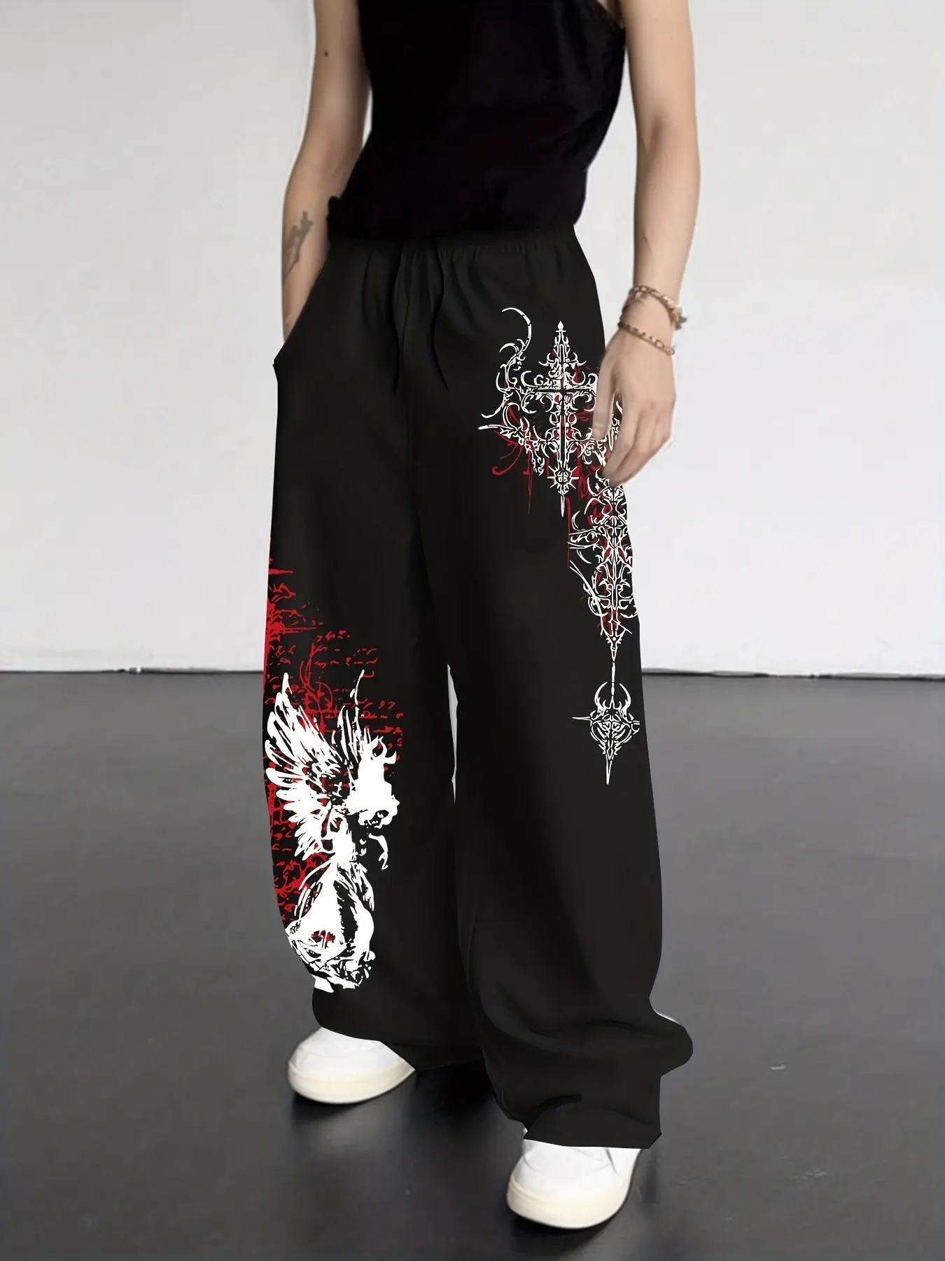 Men's Gothic Angel Cross Print Wide Leg Pants, Wide Leg Design, Drawstring Waist, Loose Fit, Loose Fitting, Casual Streetwear, Dark Aesthetic, Long Trousers, All Seasons Wear, Graphics, Casual Loungewear Pants