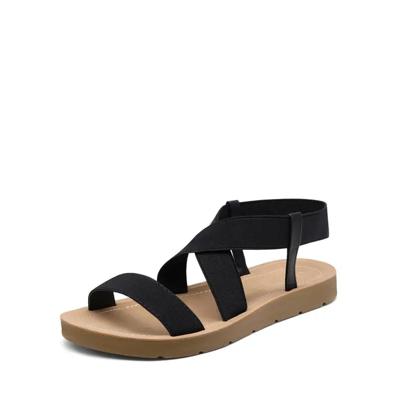 Dream Pairs Women's Criss-Cross Casual Sandals, Comfortable Flat Open Toe Walking Shoes with an Elastic Ankle Strap for Easy Slip On, Women's Sandals, Footwear, Elastic Strap, Flat Heel (1 Cm Or Less), Pu Leather, Flocked Coating Outsole, Crisscross Strap