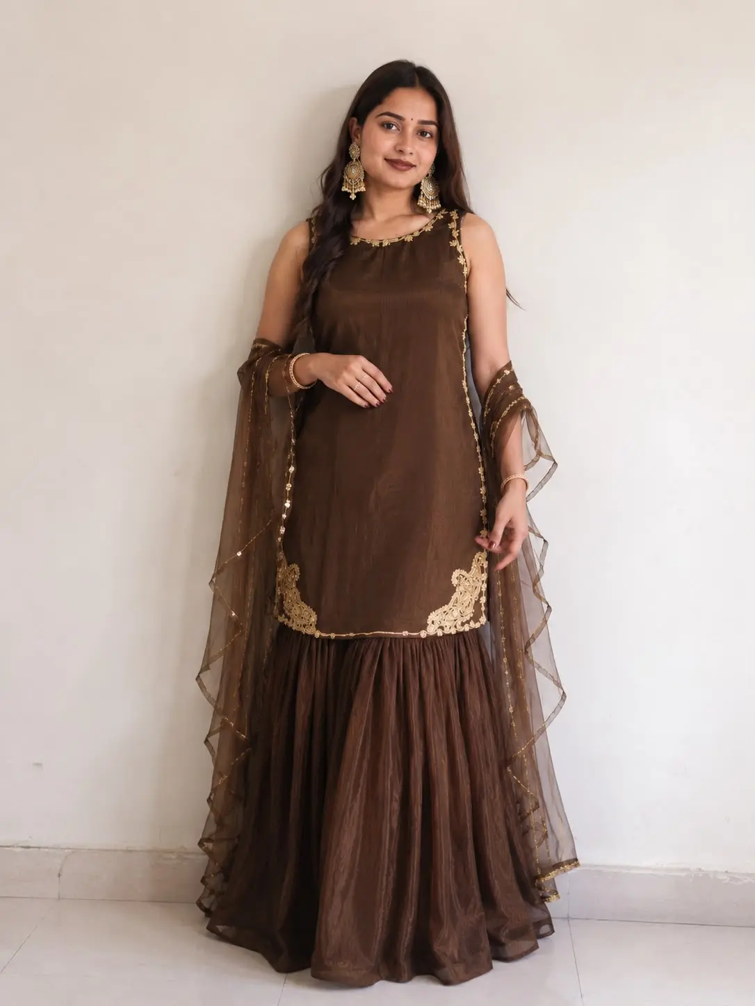 Luxury Brown Sharara Set – Antique Gold Embroidery with Frill Dupatta