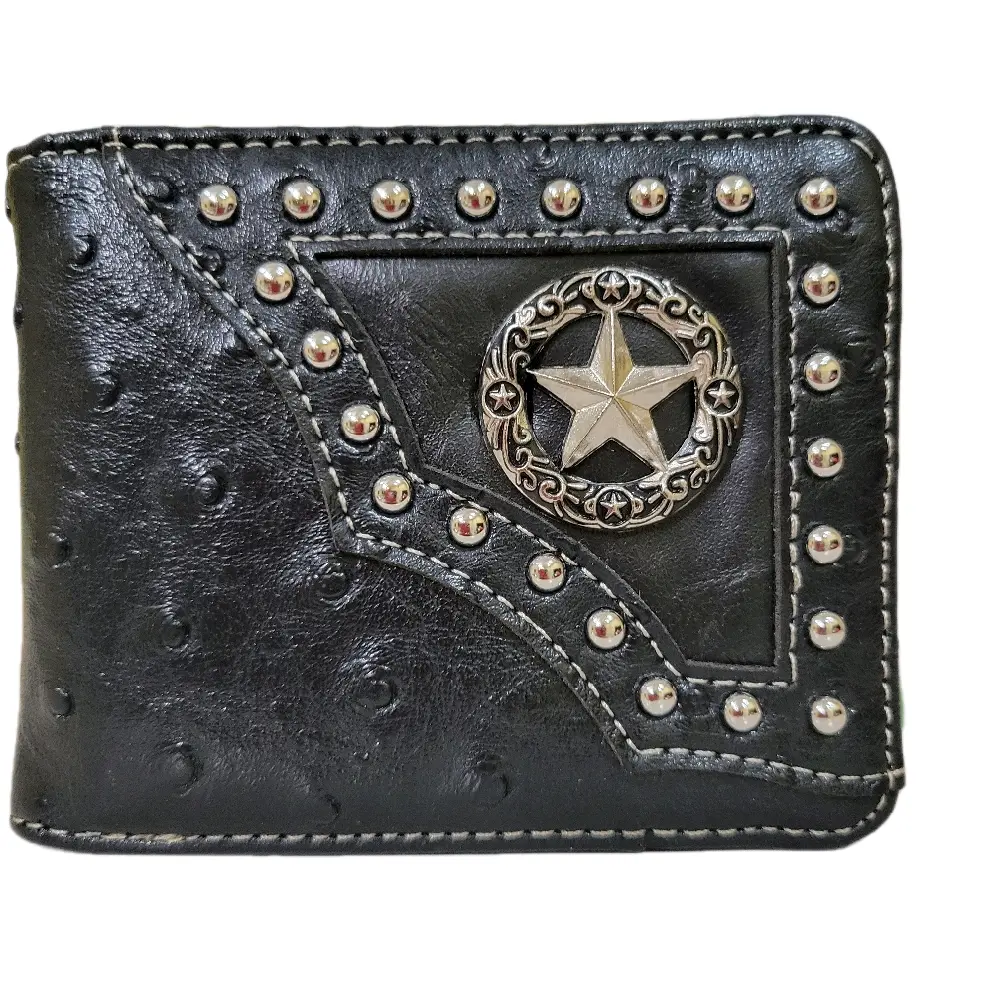 Star Western wallet Ostrich pattern short bi-fold concho and studded faux leather with religious theme wallet.