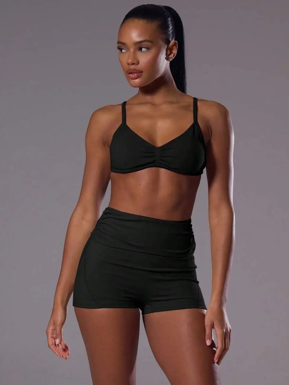 Women’s Black 2 Piece Workout Set, Ruched Sports Bra & High Waisted Foldover Shorts, Y2K Pilates Yoga Gym Activewear Outfit