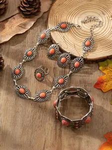 Bohemian Style Women's Vintage Fashion Pink Stone Carved Lace Zinc Alloy Necklace, Earrings, Ring & Bracelet Jewelry Set for Outfits, Daily Wear, Versatile Wear and Holidays