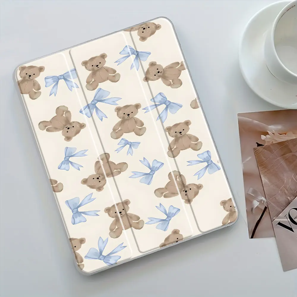 Teddy Bear with Blue Bow iPad Case Transparent Acrylic Hard Back Panel With Pencil Slot, Suitable for Ipad mini pro air, Scratch-resistant, Shock-resistant Protective Case, Ipad Protective Casing, Suitable for Offices Schools and Homes