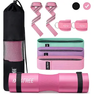 9Pcs Barbell Pad Set for Squat, Hip Thrusts, Lunges, Leg day, Standard Olympic Bars with 2 Gym Ankle Safety Straps, 3 Hip Resistance Bands, 2 Lifting Strap, Barbell Pad, and Carry Bag