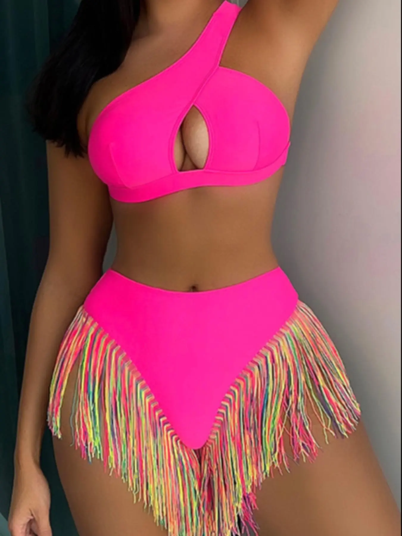 Women's Solid Color Tassel Trim Stretchy Swimsuit Bikini Set - Casual Fashion Chic Swimwear for Beach Holiday, Sports & Outdoor Tankini Swimwear, Swimsuit Sets, Women's Swimsuits