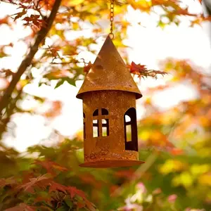 Vintage Medieval Castle Candle Lantern - Rustic Iron Hanging chapel, Patio, Garden, Living Room Decor - No Electricity Needed, Easy Chain/ Rope Hanging - Indoor/Outdoor Decoration for Halloween, Weddings, Themed Parties - Durable Candle Holder, Witchy Hom