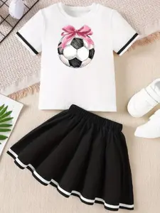 Girls' Summer Outdoor Sports Set, Fashionable All-Over Print Tennis & Baseball, Cute Pleated Dress Gift for Little Girls