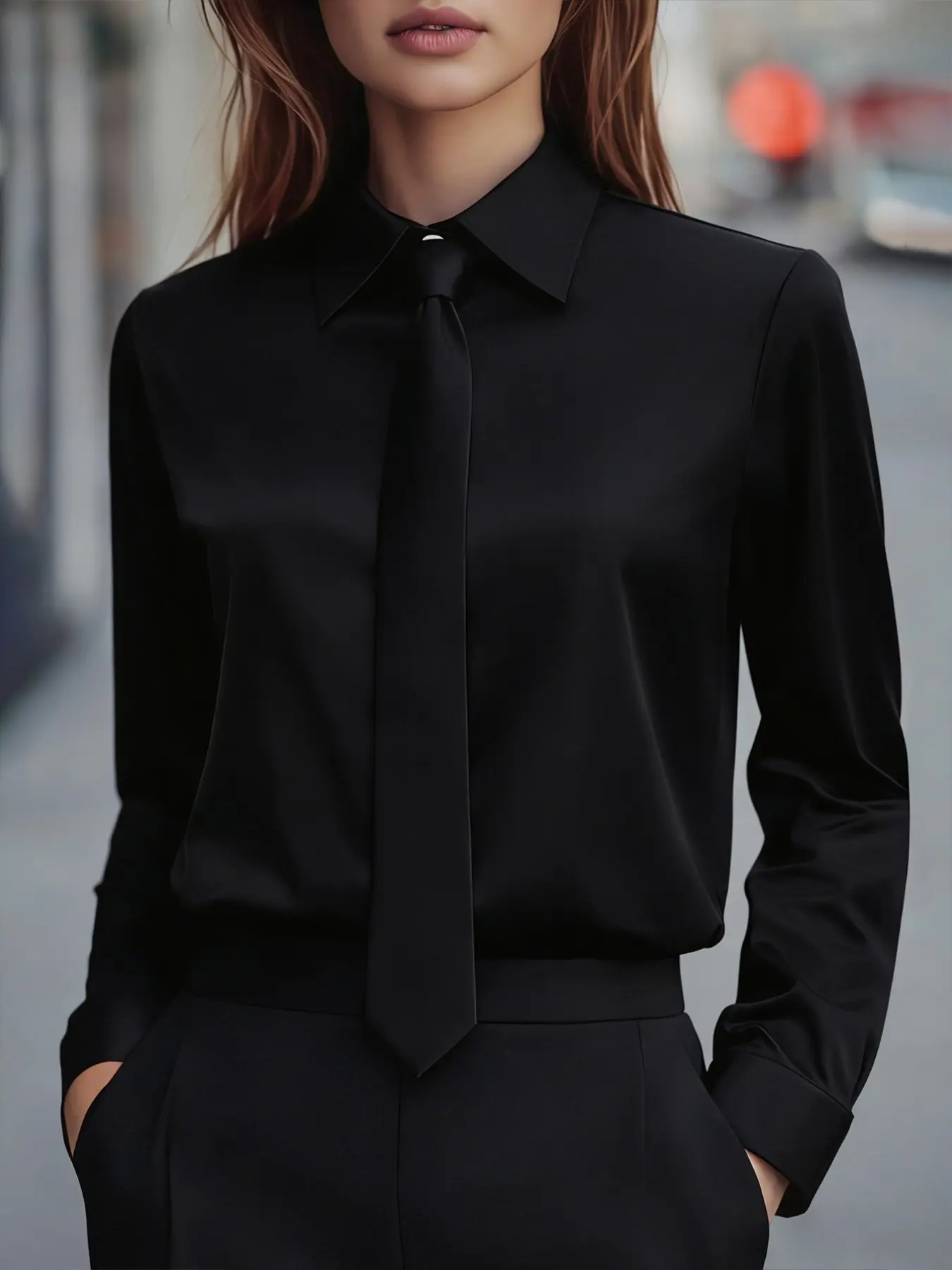 Elegant Basic Chic solid color smooth satin blouse Shirts Top for women, Casual Basic Top, long sleeves, tie and single-breasted design, Fit, perfect for all seasons.