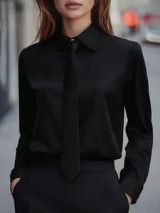Elegant Basic solid color satin blouse Top Fit for women, long sleeves, tie and single-breasted design, perfect for all seasons, Womenswear, Shirts