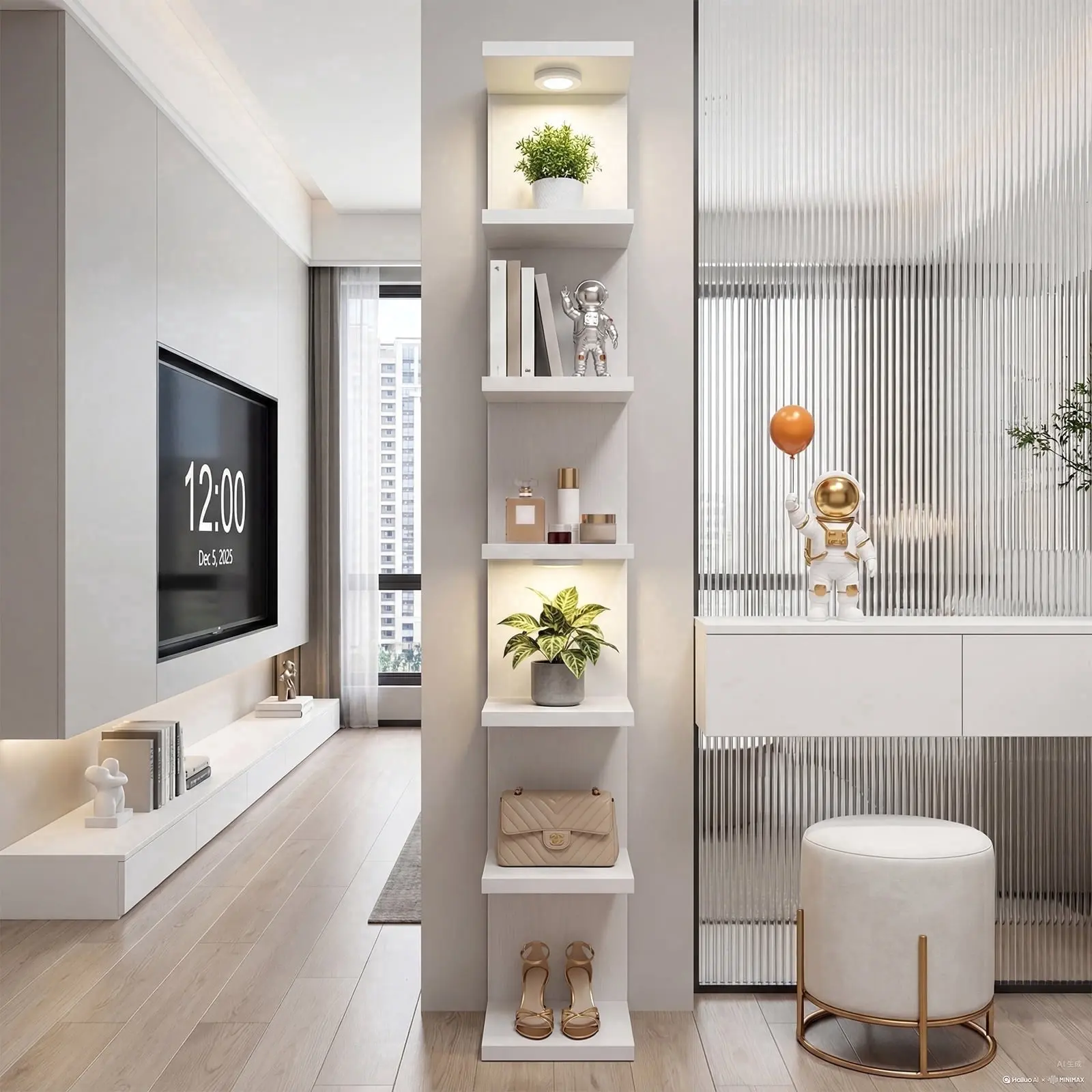 7-Tier Wall Mounted Shelf Unit, White Floating Shelves with LED Lights, Home Decor Organizer and Display Rack