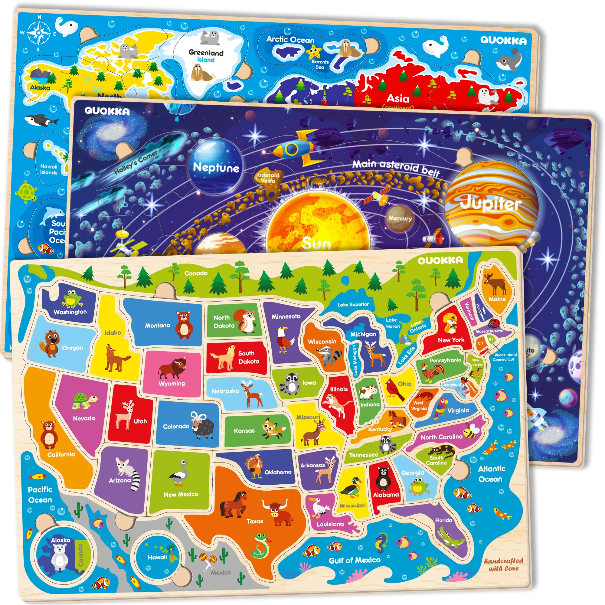 QUOKKA 3-Set Wood Puzzles, Toddler-Friendly Wooden Jigsaws for Ages 4-6, Animal & Map-Space Themed Learning Toys