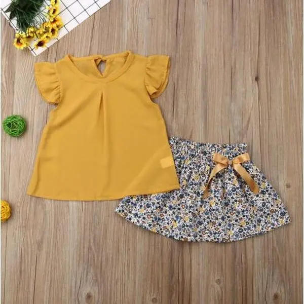 Global Baby Baju Dress Baby Girl budak kanak kanak baby girl perempuan warna mustard yellow skirt flower Baby Girls Summer Clothes Set Yellow Flying Sleeve O Neck Chiffon Tops+Floral