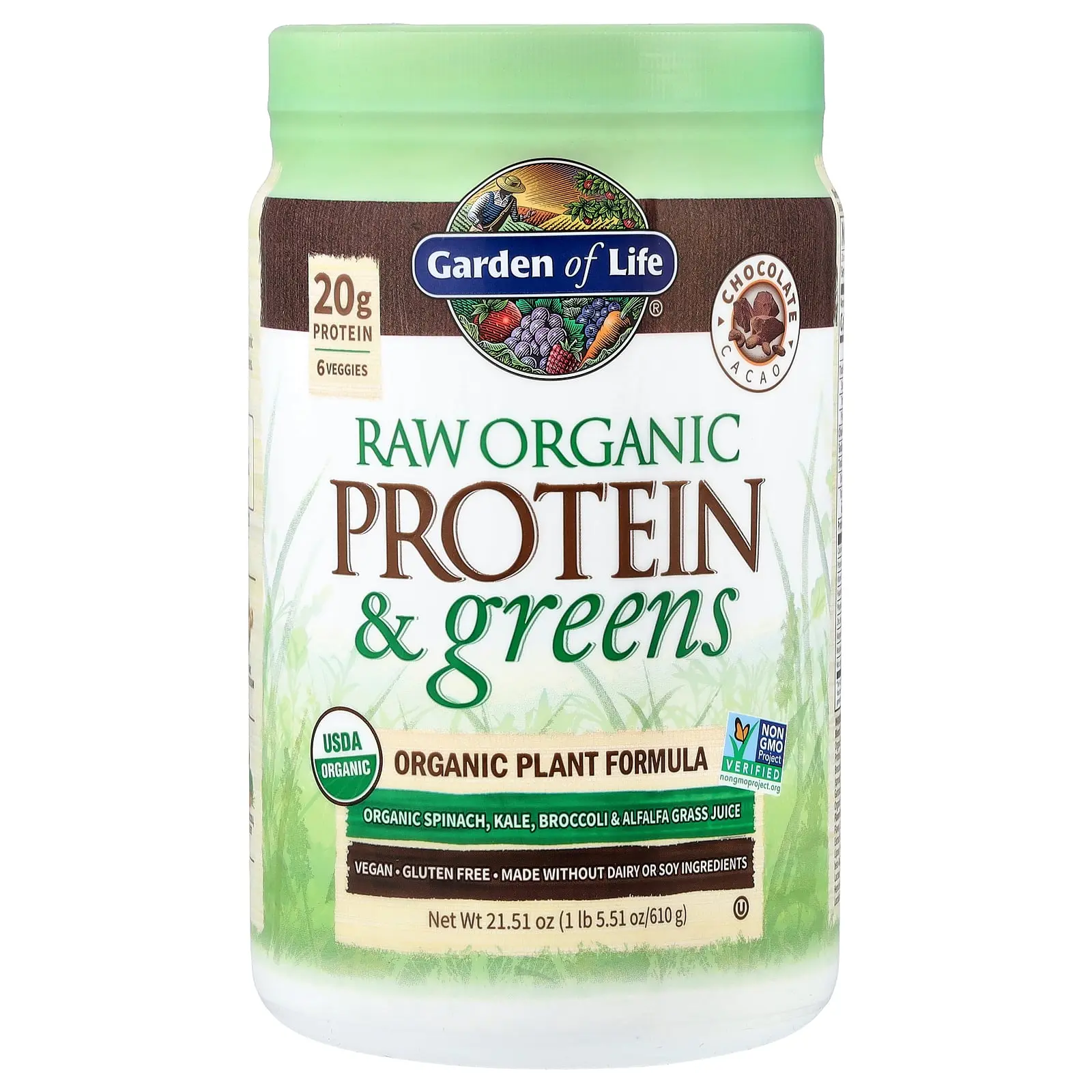 Garden of Life Raw Organic Protein & Greens, Chocolate Cacao, 1 lb 5.51 oz (610 g)