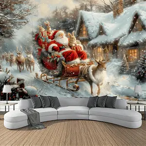 Festive Backdrop Santa on Sleigh Wall Hanging Snowy Scene Polyester Christmas Living Room Decor Holiday Banner Home Decoration Seasonal Ornaments Winter