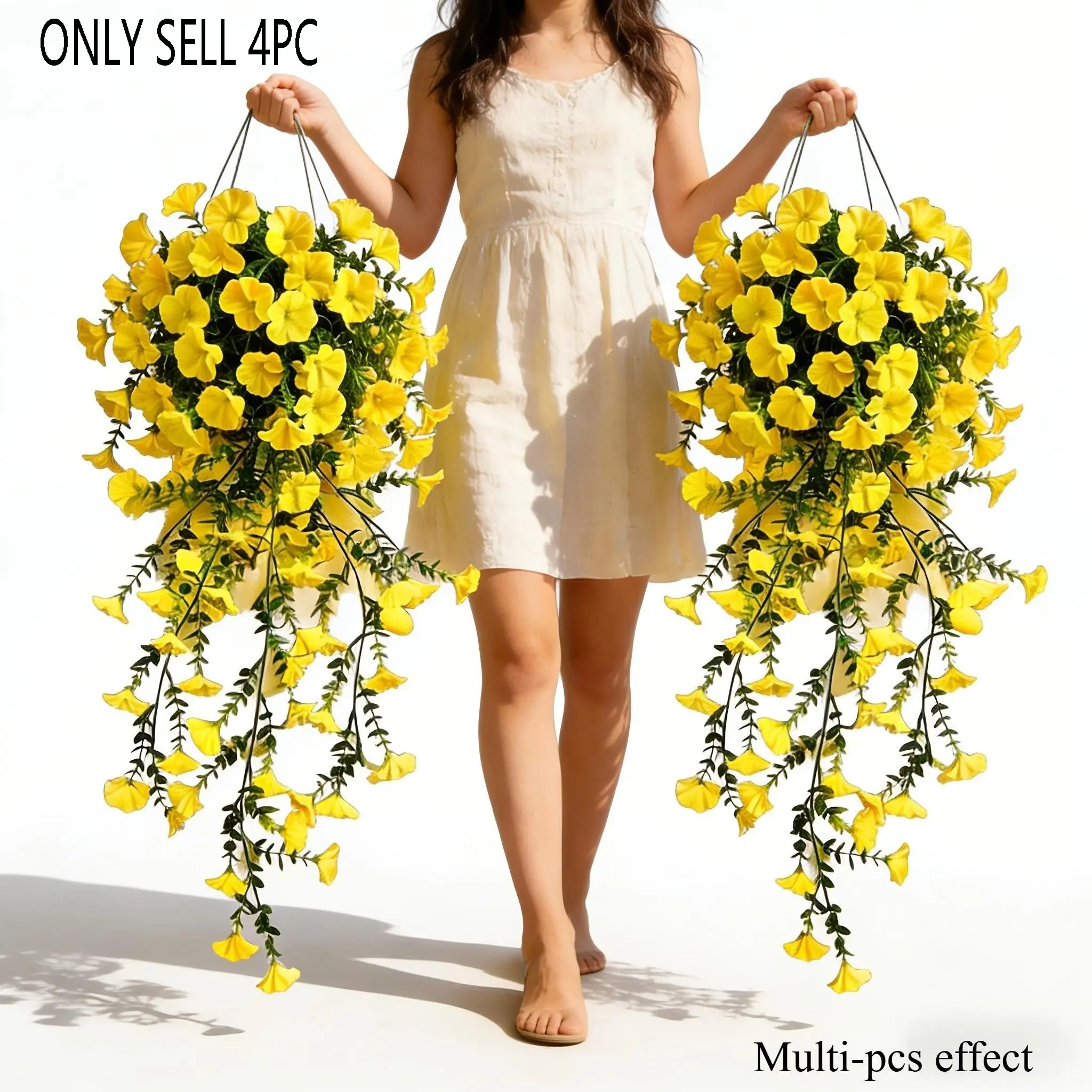 4pcs Spring Yellow Trumpet Flower Morning Glory Decor, Artificial Flower Decorations, Artificial Hanging Plants | Flowers and Eucalyptus Leaves for Decoration | No Electricity Required | Maintenance-Free Artificial Flowers | Ideal for Home