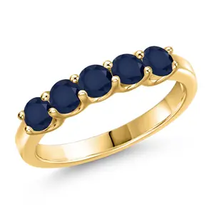 18K Yellow Gold Plated Silver Blue Sapphire Wedding-Bands Ring For Women | 1.10 Cttw | Round 3.5MM | Gemstone September Birthstone