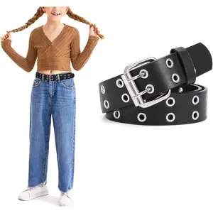 P-BLT03    Kids Double Grommet Belts With Holes for Girls Boys PU Leather Two Row Grommet Waist Belt for Jeans Dress