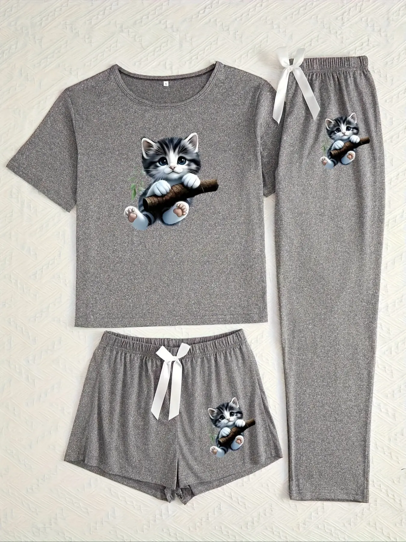 Women's Cartoon Cat Print Matching Sleepwear Set, Three-Piece Fitted Pajamas, Casual Everyday All-Season Loungewear, Comfortable Nightwear, Womenswear, Essential, Breathable Fabric