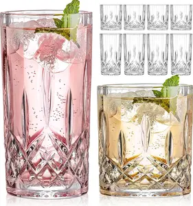 8 Piece Crystal Glass Cups, Mixed Glassware Set, 4 pcs Crystal Old Fashioned 11oz Highballs and 4 pcs 11oz Whiskey Glasses, Great for Cocktail, Whisky and other Beverages