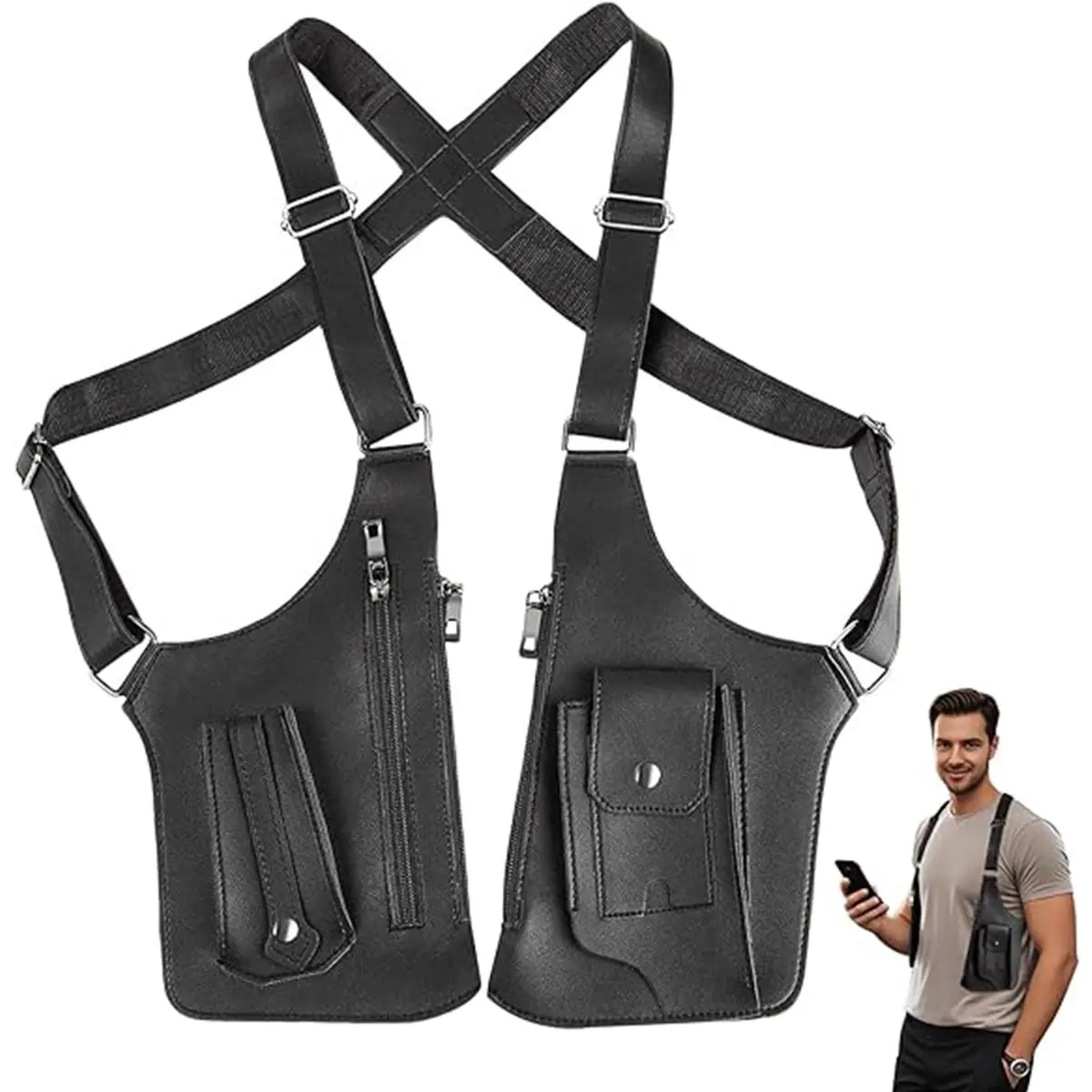 Men's Black PU Leather Anti-Theft Holster Travel Crossbody Bag - Adjustable Secure Strap, Water-Resistant Double-Shoulder Outdoor Running Pack, Bags Crossbody, Casual Crossbody Bags