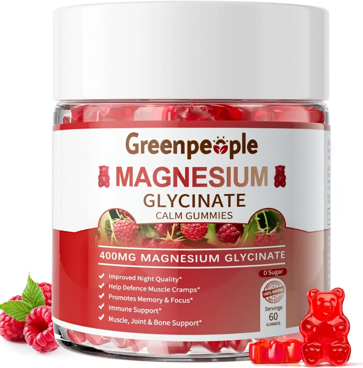 GREENPEOPLE Magnesium Glycinate Gummies 400mg - Raspberry, 60ct | Chelated Sugar Free,High Absorption Supplement with Magnesium Citrate,Vitamin D & B6 Calm,Sleep & Stress Support for Adults Cranberry