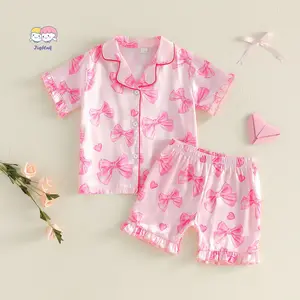Toddler Girls Summer Pajamas Set Bow Heart Print Short Sleeve Shirts Tops Elastic Waist Shorts 2 Pieces Lounge Suit Sleepwear