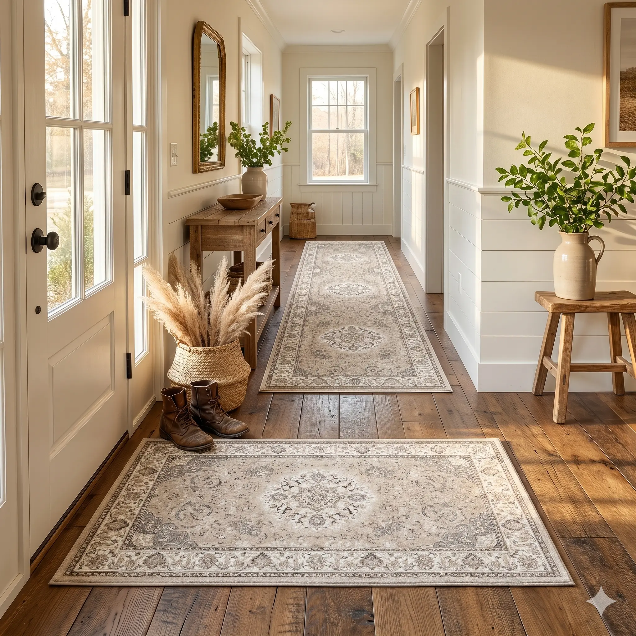 Vintage Medallion Entryway Rug Set (2pcs) - Soft Non-Slip Washable Runner & Door Mat for Hallway, Kitchen, Bedroom