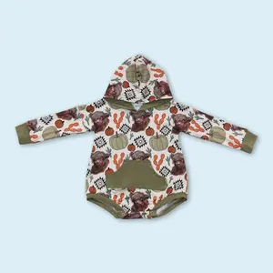 Highland cow pumpkin baby kids long sleeve hoodie romper
