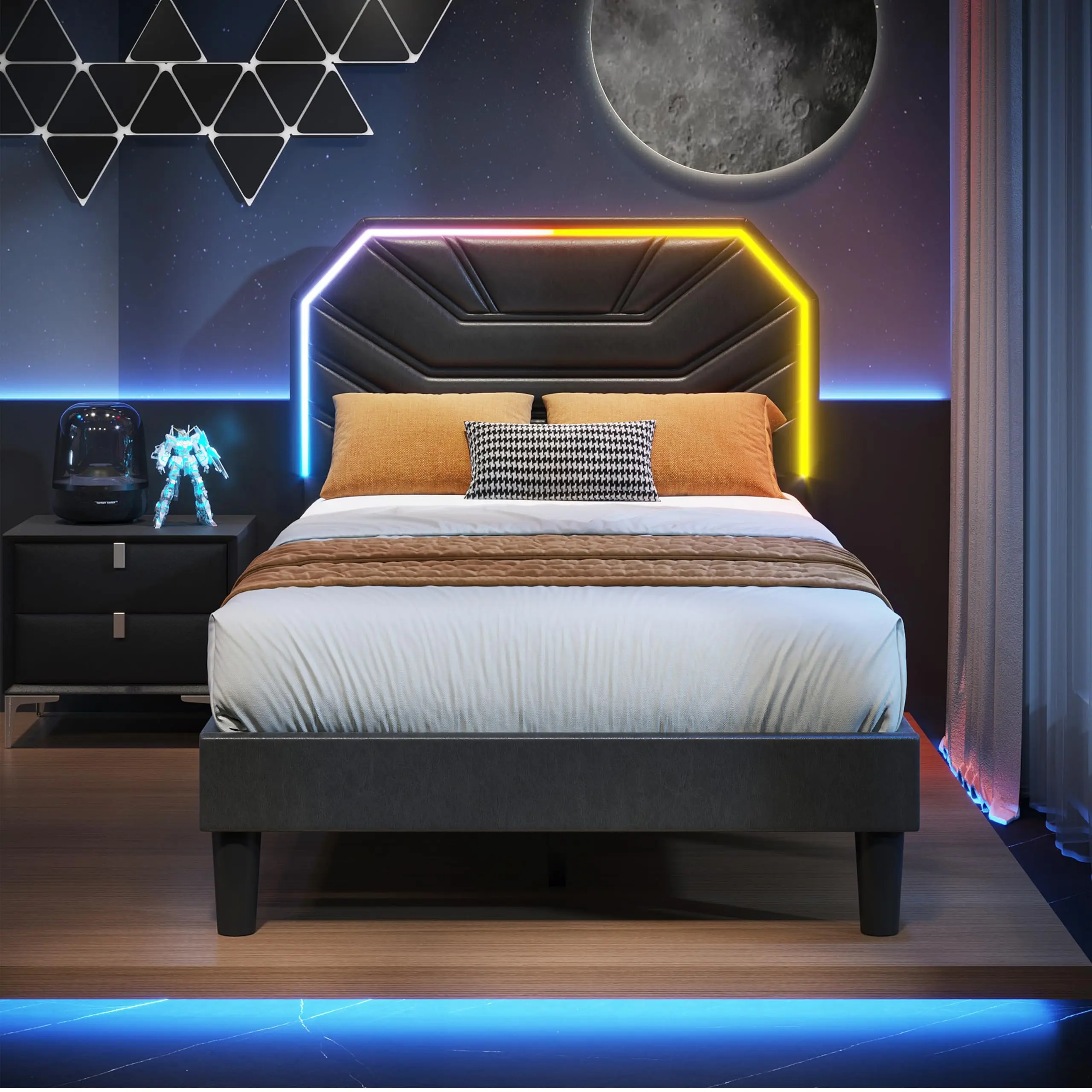 LIKIMIO Smart Upgraded Upholstered Modern Bed Frame with LED-Lit Headboard, LED-Accented Heavy-Duty Supports, No Box Spring Needed, Noise-Free, Self-Assembling Indoor Furniture, Smart Bed Frame
