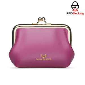 Royal Bagger Retro Kiss Lock Card Holder - RFID Cow Leather Coin Purse & Lipstick Bag for Women