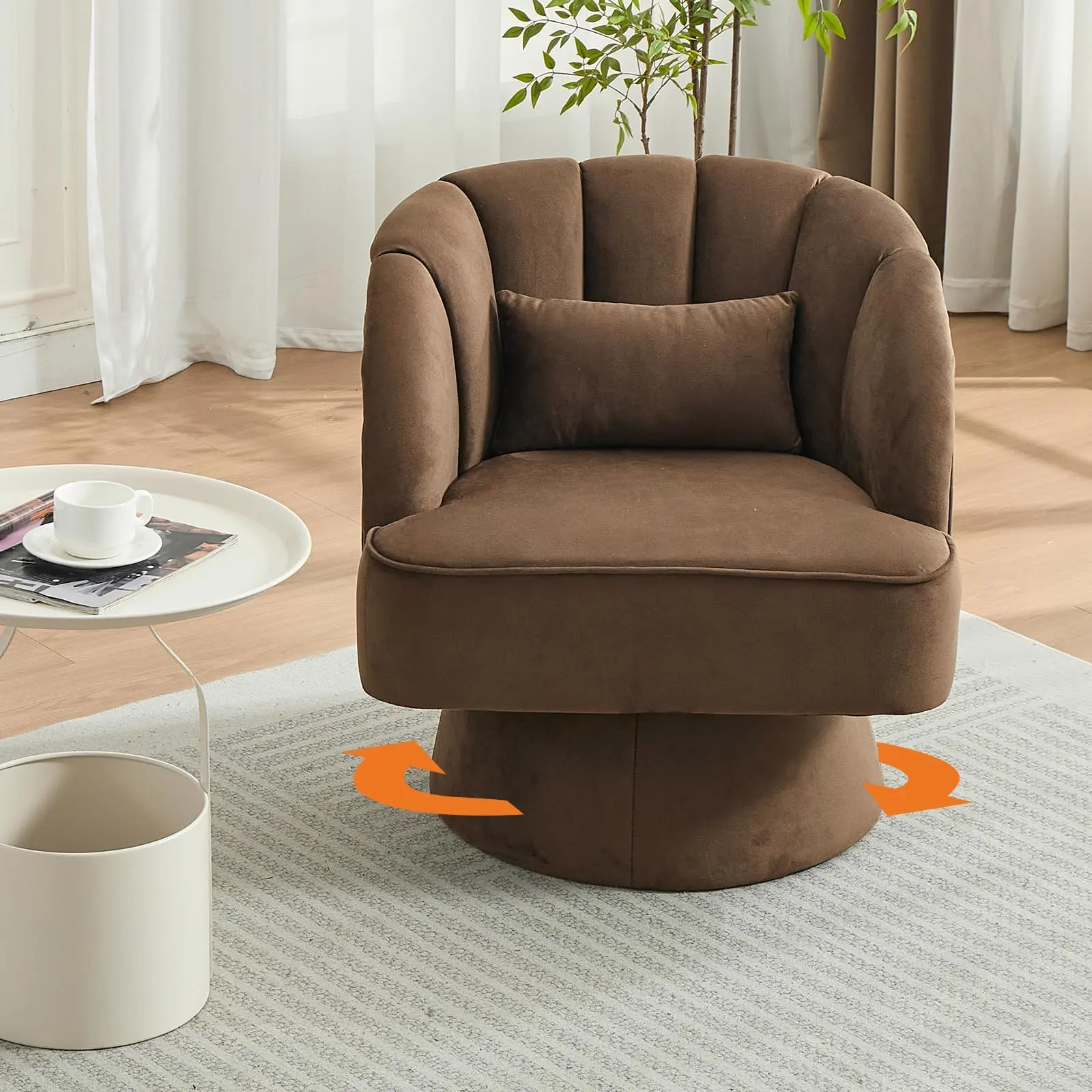Garvee Modern Barrel Design Swivel Chair, Velvet Upholstered 360-Degree Rotating Armchair with Striped Backrest and Plush Padding, Comfortable Round Chair for Living Room and Bedroom