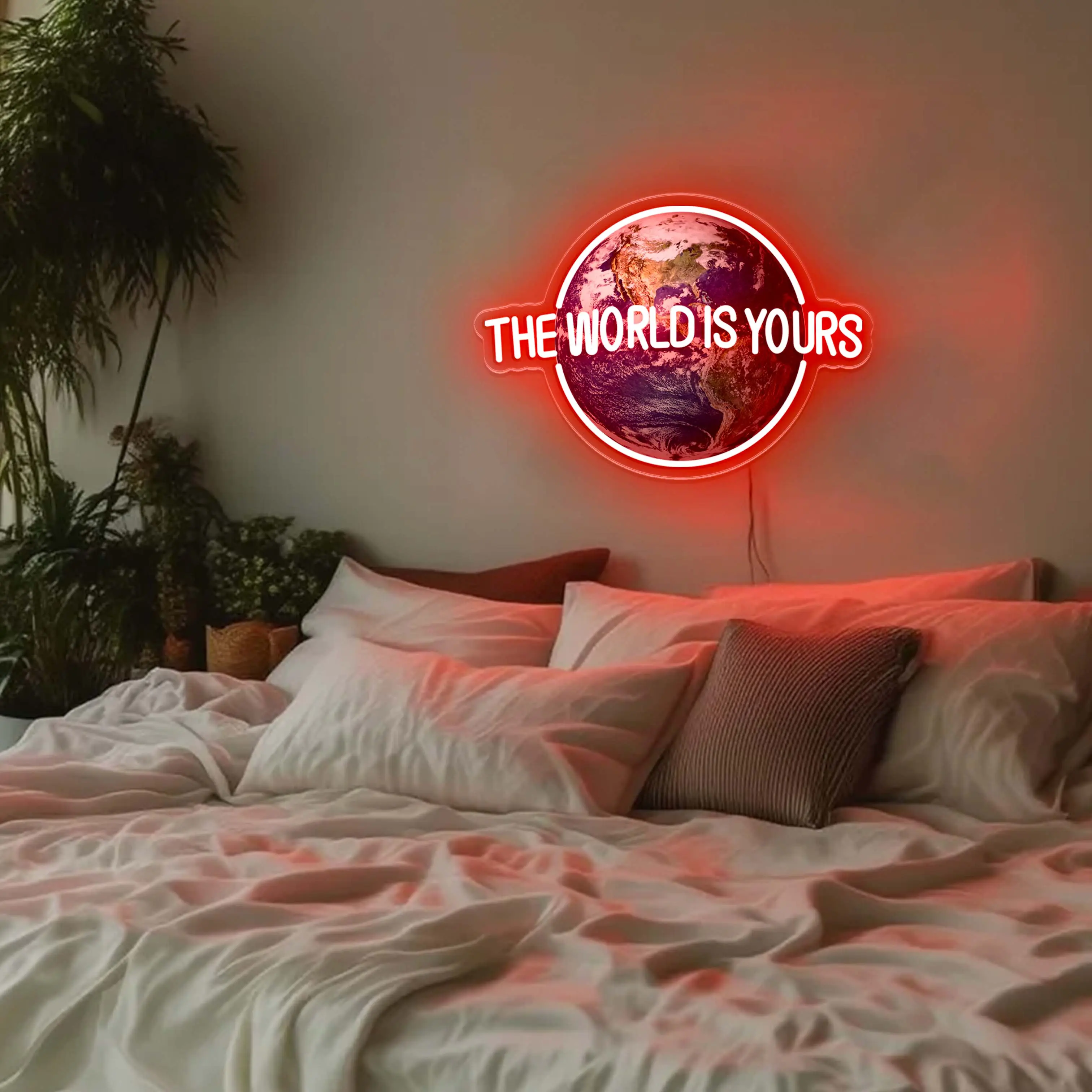 The World Neon Sign LED Light Earth Neon Lights Motivational Wall Decor Aesthetic Room Decor for Bedroom Home Office Manifestation  Positive Vibes Night Light Gift Cool Red Modern Art Living Room Glow Up
