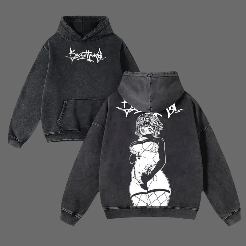 Shizuku Hunter X Hunter Anime Double Printed Vintage Washed Hoodie V2 Unisex Oversize Heavyweight Cotton for Anime Fans and Lovers, Anime Manga graphic