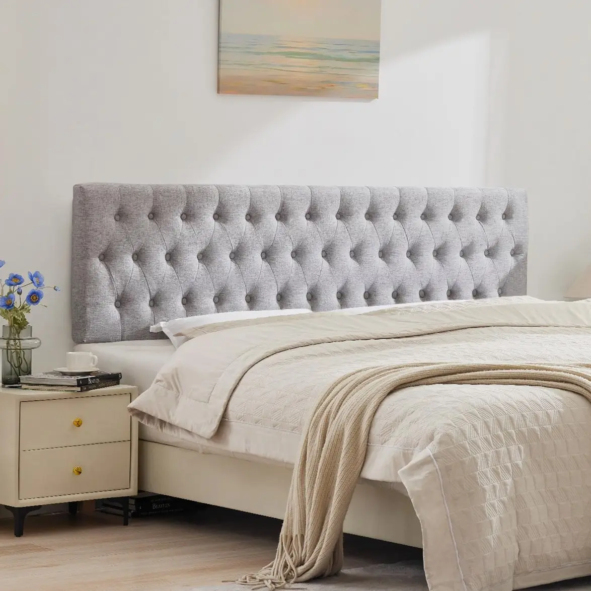 Tbfit King Size Luxury Modern Designer Upholstered Headboard - Diamond Tufted Linen Fabric Headboard Only, Adjustable Height, Solid Wood Legs (Adjustable Leg Headboards), Designer Upholstered Headboards