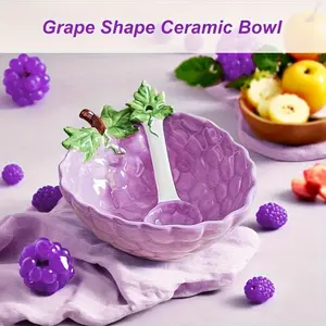 Grape-Shaped Ceramic Bowl & Spoon Set, Tableware, Cute Fruit Style, Hand-Painted, Durable & Glossy, Ideal for Dessert, Breakfast, Home Use