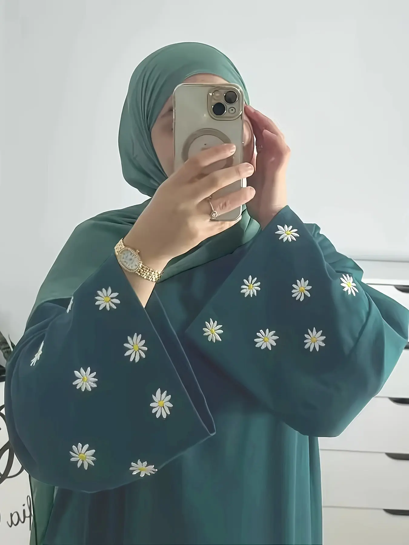 Daisy Embroidered Muslim Women Dress, Plain Long Robe for Ramadan, Luxury Islamic Turkish Festival Party Wear, Dubai Style, Muslim Clothing