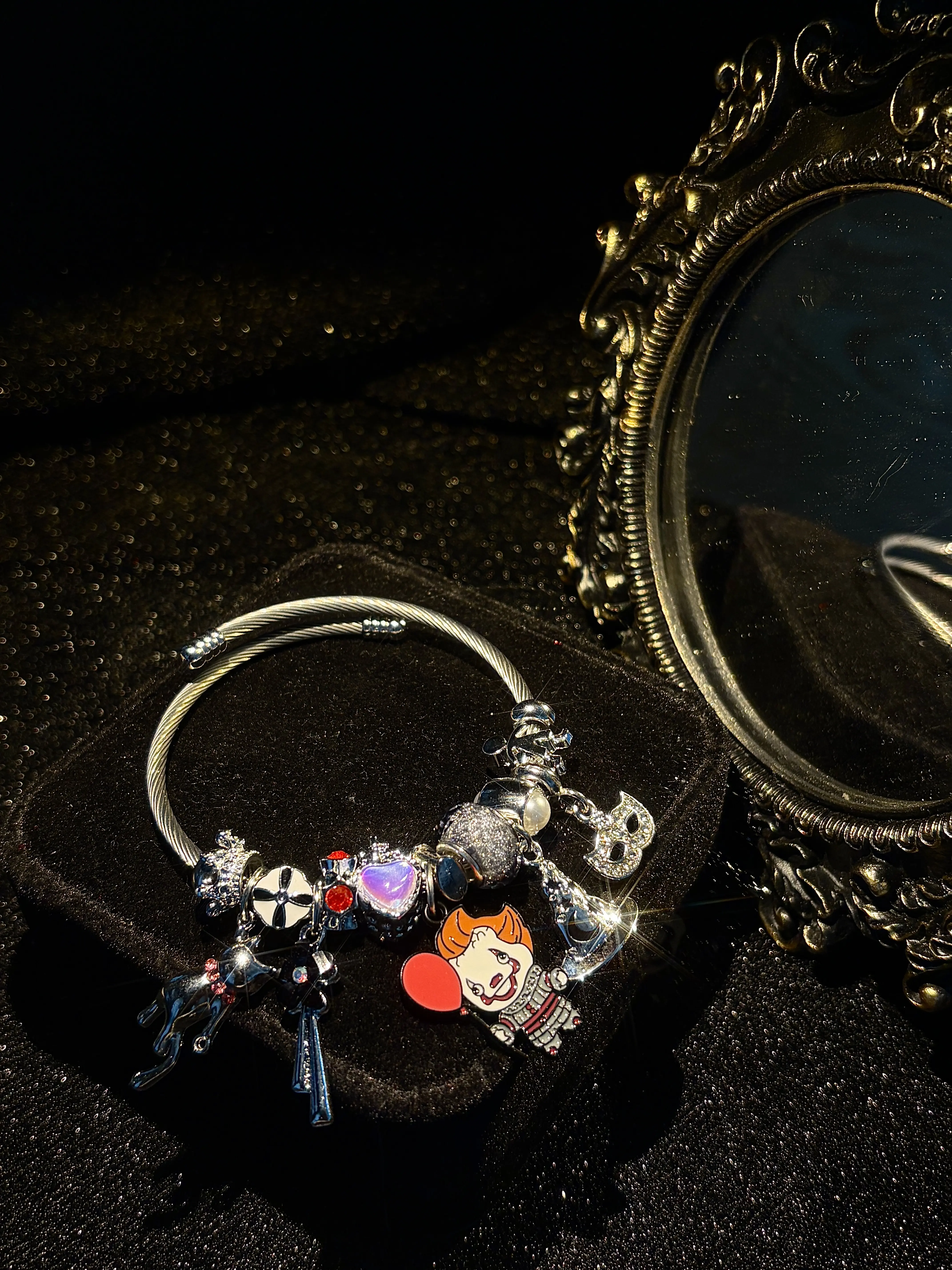 Halloween Clown Charm Bangle Bracelet, Silver Tone Adjustable Wire Bangle with Witch Hat Heart Dangle Charms, Gothic Spooky Costume Jewelry Gift for Women Girls
