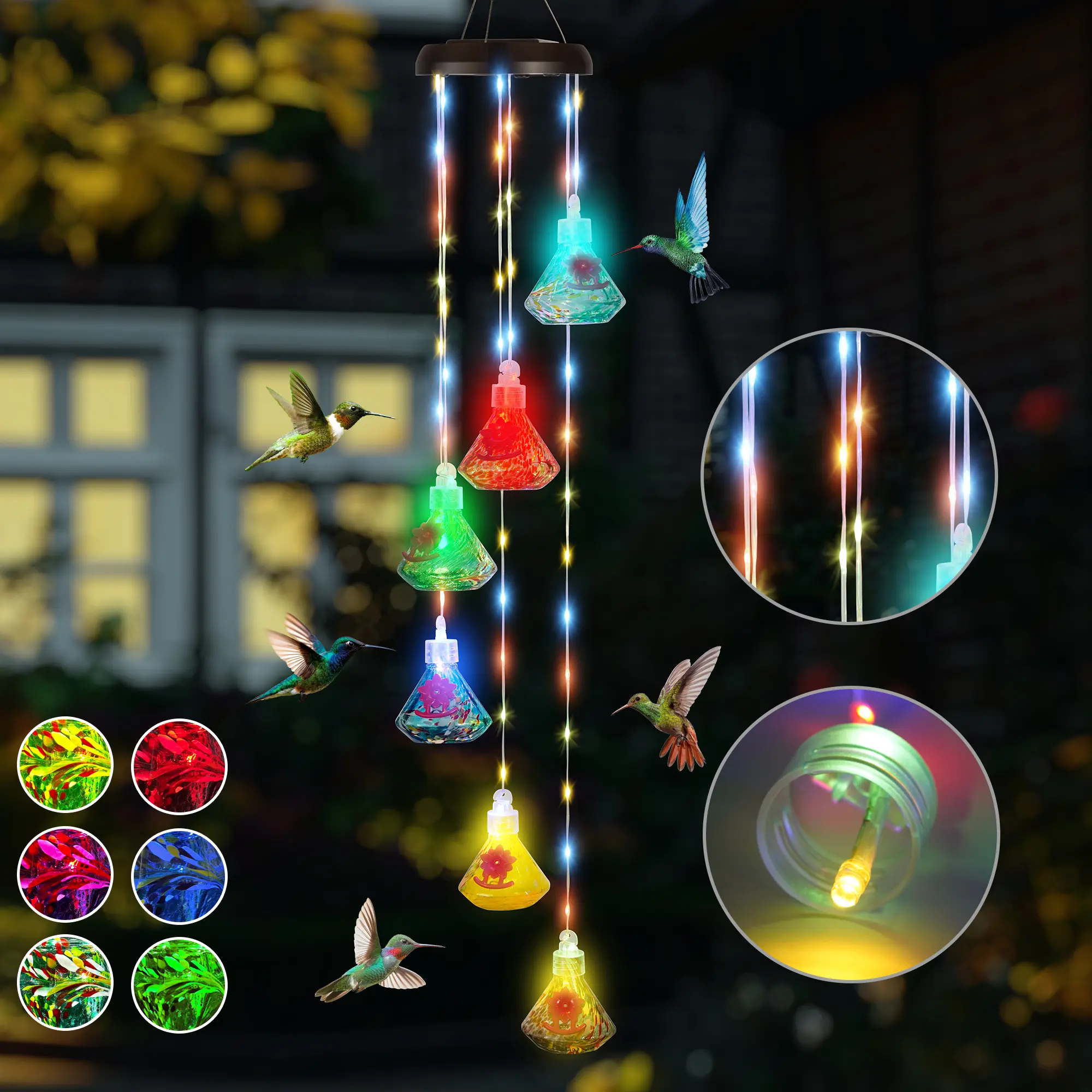 LUJII Solar Powered Hummingbird Feeder, Modern Garden Accessories with 6 Hand-Blown Glass Reservoirs, LED RGB Lights, Garden Stone & Diamond Design, Outdoor Bird-Attracting Windchime, Unique Christmas Gift for Bird Lovers, Windchimes