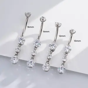 OUFER BODY JEWELRY 14G G23 Titanium Hypoallergenic AAAAA+ Cubic Zirconia Dangle Belly Button Ring - Multi-Size (10cm,12cm,14cm,16cm) - 14 Gauge Piercing, Belly Button Piercing, Women's Accessories (Vertical Labret Compatible), Body Piercing Jewelry