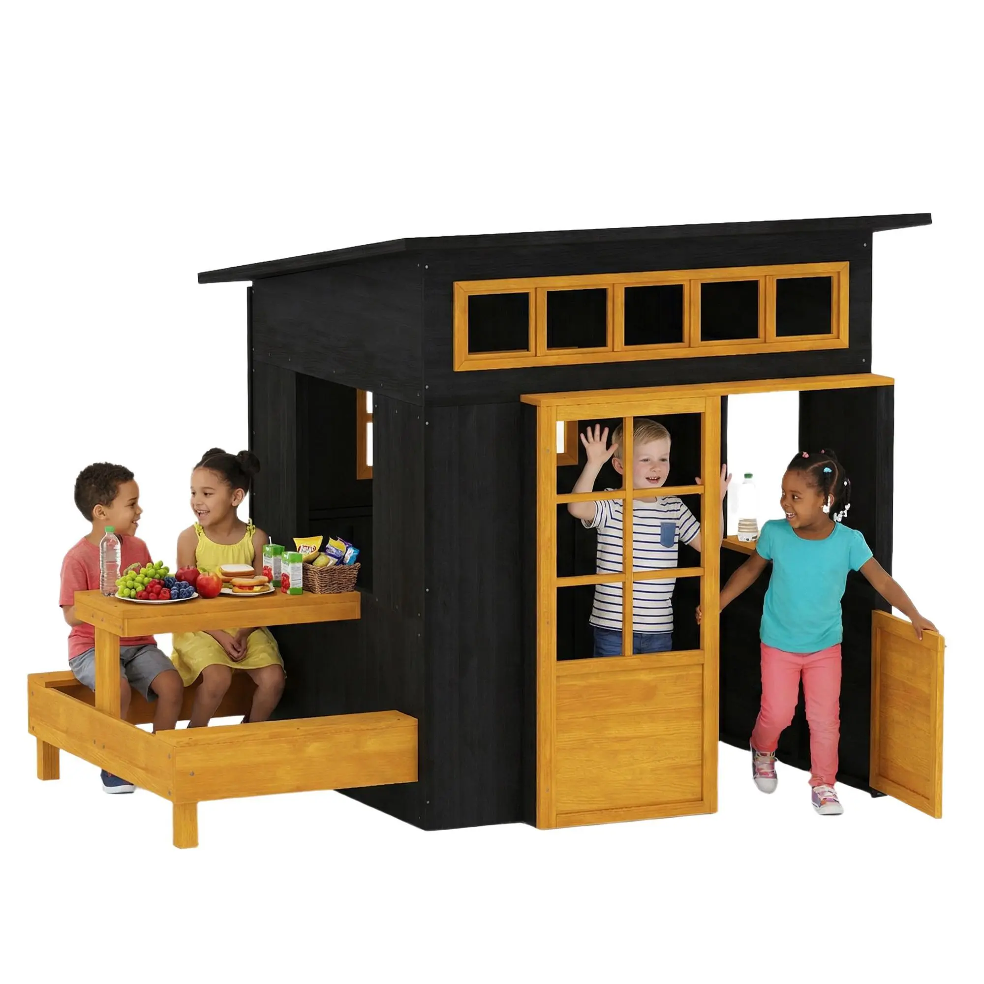 Qaba Kids Outdoor Playhouse, Fir Wooden Kids Playhouse with Picnic Table and Benches, Chalkboards, Half Door, Windows, DIY Cottage Play House for Indoor Outdoor Imaginative Play, for Ages 3-8