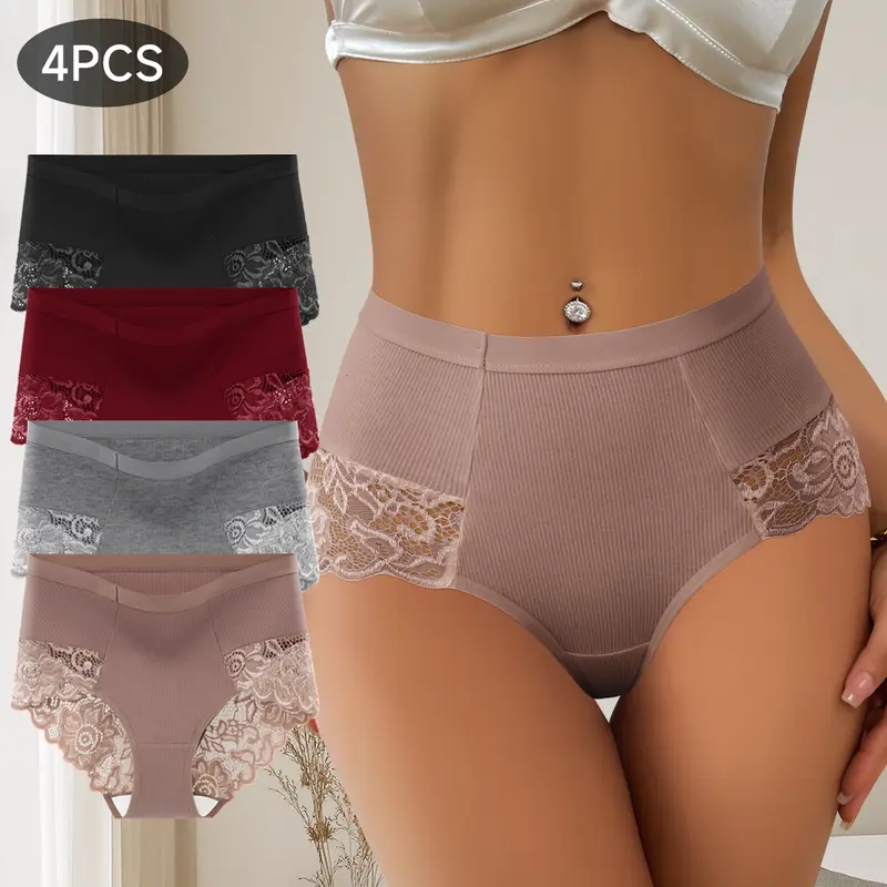 Women's 4-Pack High-Waist Shaper Briefs - High Quality Cotton Spandex Lingerie, Trim Lace Panels, Tummy Slimming, Butt Lifting Cheeky Butt Cheek Briefs, Easy Stretch, Soft Breathable, Elegant Triangle Cut, Everyday Minimalist Underwear (Mixed Colors)