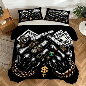 Black Gold Hip‑Hop Money Hand Dollar Sign Duvet Cover Set – 2/3‑Piece Skin‑Friendly Bed Sets, Ideal for Teen Hip‑Hop Fan Bedroom, Street‑Style Room, Man Cave, Game Room & Guest Room All‑Season Use, No Filler