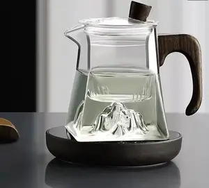 Square Glass Pitcher with Wooden Handle and Mountain Design for Tea and Water Brewing 480ml Elegant Kitchen Accessory Stylish and Functional
