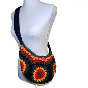 Crochet Granny Square Crossbody Bag - Colorful Design with Floral Accents, Adjustable Strap, and Comfortable Fit