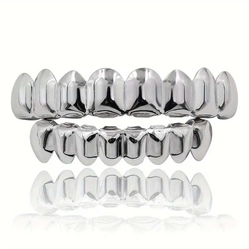 2 pcs/set hip hop 18k golden plated oth caps decor for women men unisex 16 teeth grills set: the perfect punk-style accessory for MEN'S body 8/ 8 glossy teeth grillz Oral