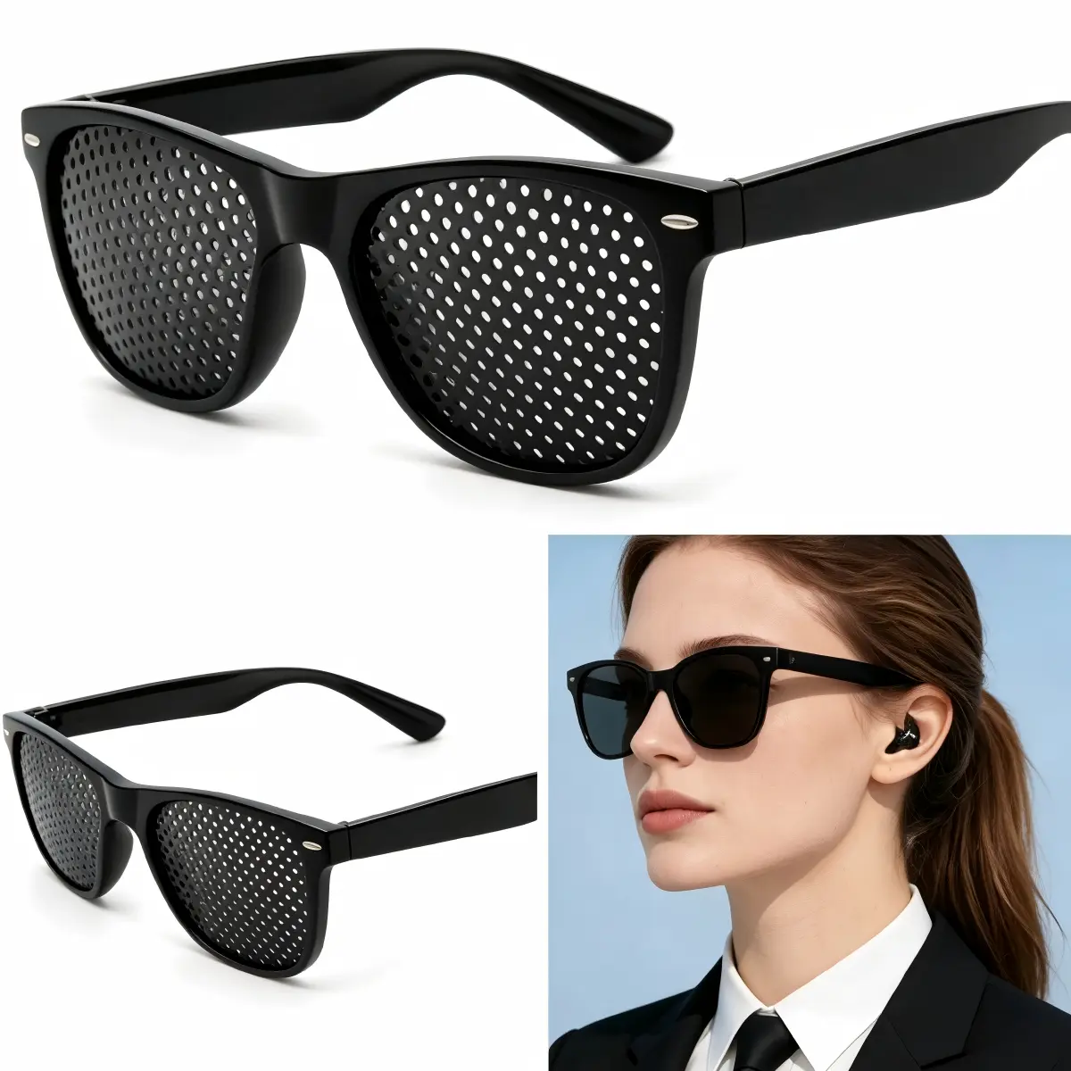 Men's Prescription-Compatible Open-Frame Pinhole Sunglasses - Aesthetic, Black, Dark-Lensed Unisex Chic Shades, Holiday Must-Have for Camping, Driving, Aesthetic Men's Sunglasses, Black Men's Sunglasses