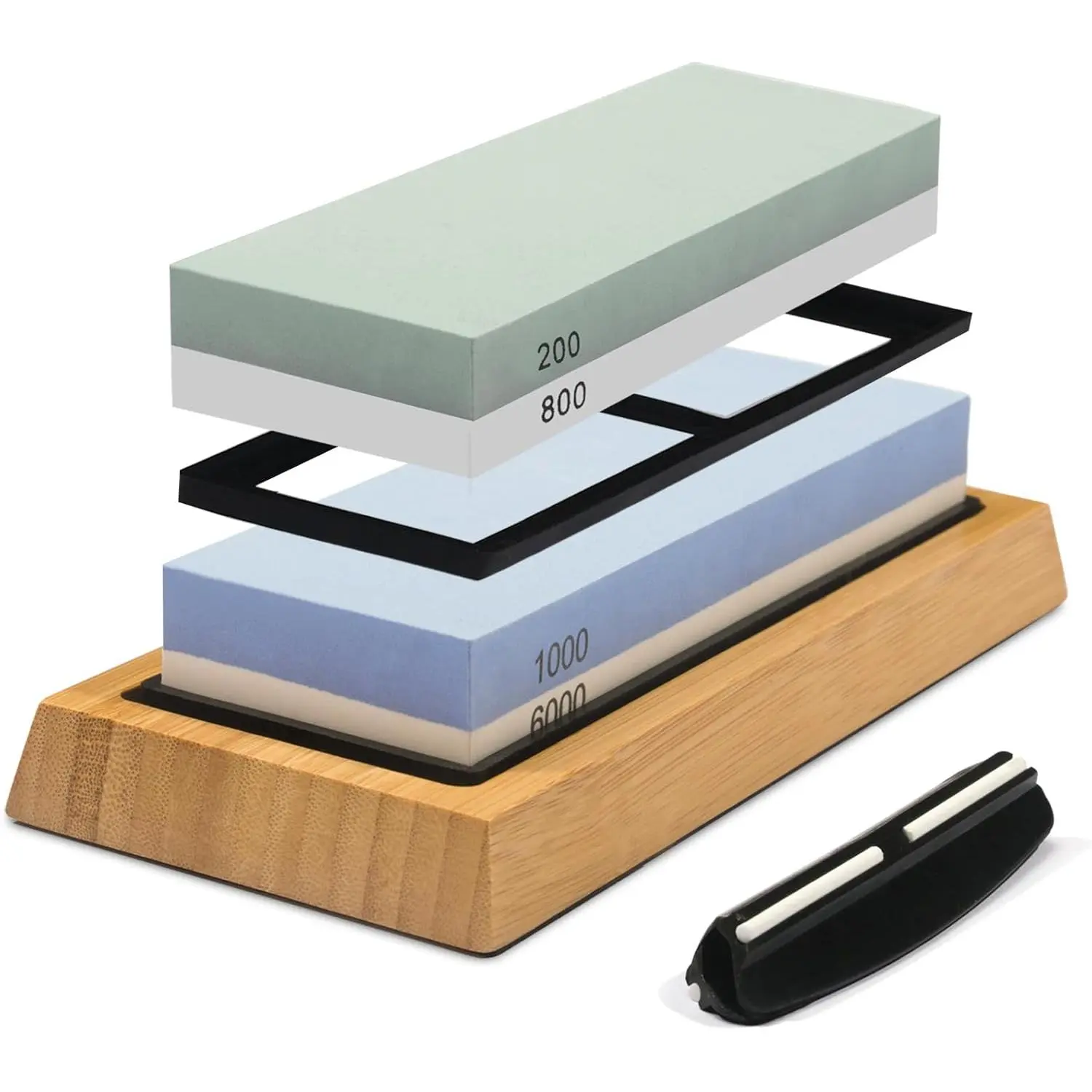 Whetstone  Sharpening Stone Kit: Double Straight Chef Sharpener Set - 200/800 1000/6000 Coarse Fine Grit kitchen Professional 2 Sided Honing Wet Stones Slip-Resistant  Base and Angle Guide