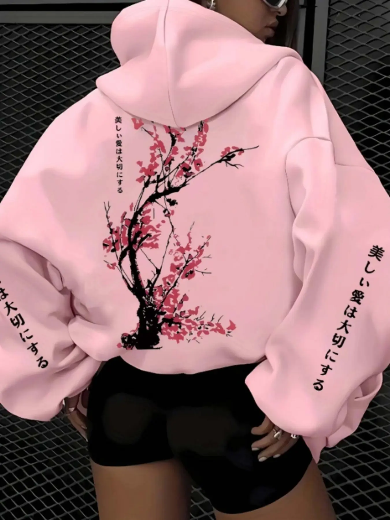 Trendy Casual Women's Floral Cherry Blossom & Japanese Text Hoodie, Hooded Sweatshirts, Baggy Loose Fit Pullover Sweatshirt, Pure Desire & Japanese Aesthetic Style, Influencer Favorite