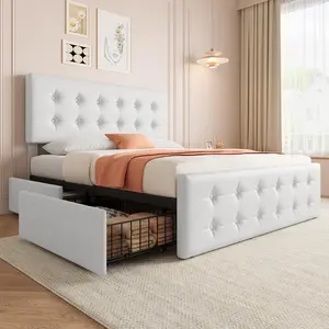 Full Size Bed Frame with 4 Storage Drawers and Headboard,Faux Leather Upholstered Platform Bed Frame with Wooden Slats Support,Button Tufted Design, No Box Spring Needed,White