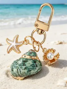 1pc Asymmetrical Shell, Starfish, And Conch Wallet Pendant Keychain, Nautical Keychain, Beach Keychain, Bag Charm For Girls, Key Charms, Vacation Style Accent Piece, Versatile Commuter Decoration, Oceanic Elements, Nautical Theme